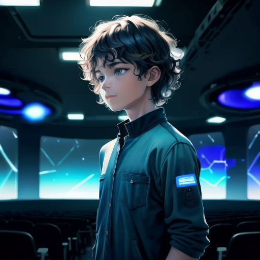 a boy in a green shirt standing in a room with lights on the ceiling and a blue light on the ceiling
