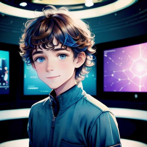 a young man with curly hair standing in front of three monitors in a room with a ceiling light and a circular ceiling