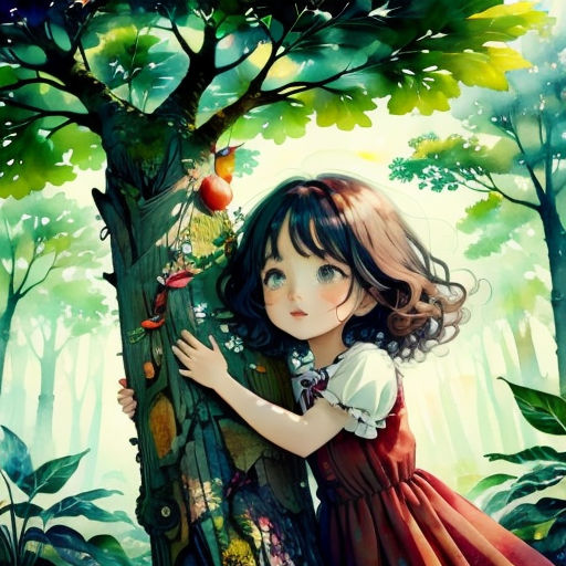 a girl in a red dress leaning on a tree in a forest with a bird perched on it's head