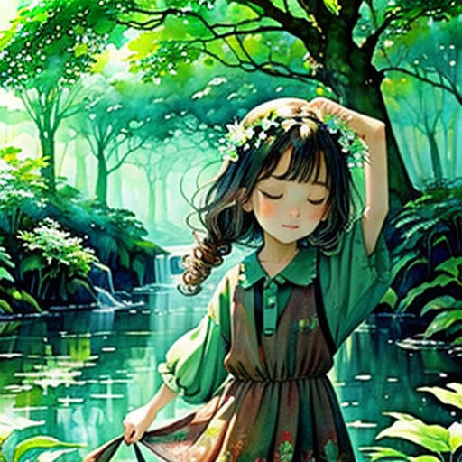 a girl in a green dress is standing in the woods with a stick and a basket in her hand