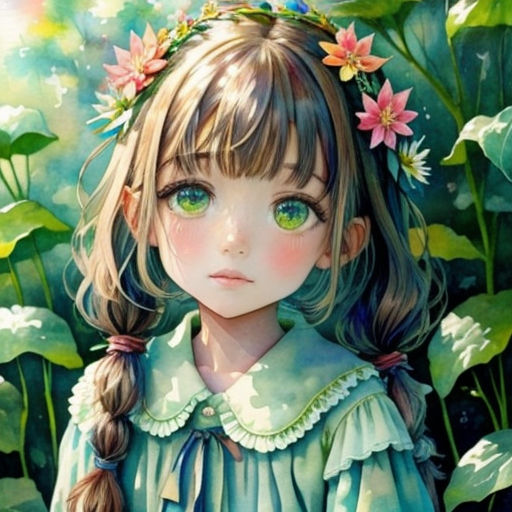 a painting of a girl with flowers in her hair and green eyes, standing in a field of flowers