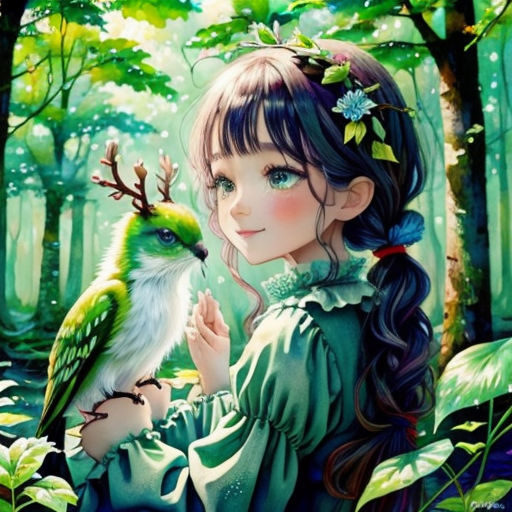 a girl holding a bird in a forest with trees and flowers on her head and a deer's head on her shoulder