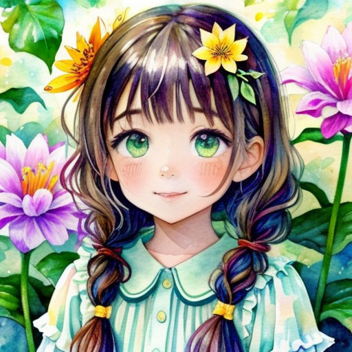 a girl with long hair and green eyes standing in front of flowers and leaves with a green background and a blue sky