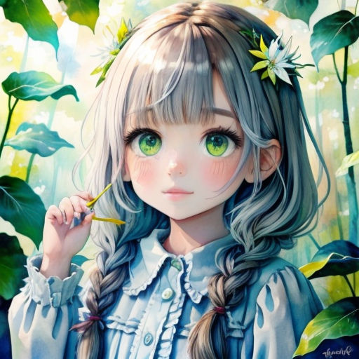 a girl with long hair and green eyes holding a flower in her hand and looking at the camera with a green eyeshade