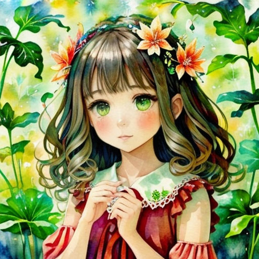 a girl with long hair and a flower in her hair is standing in front of a green background with flowers