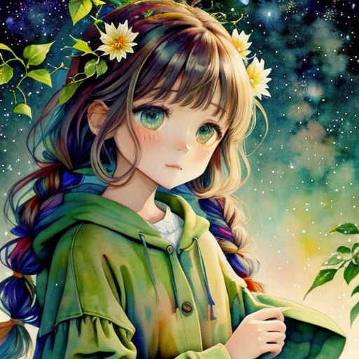 a girl with long hair and a green jacket is standing in front of a tree and stars in the sky