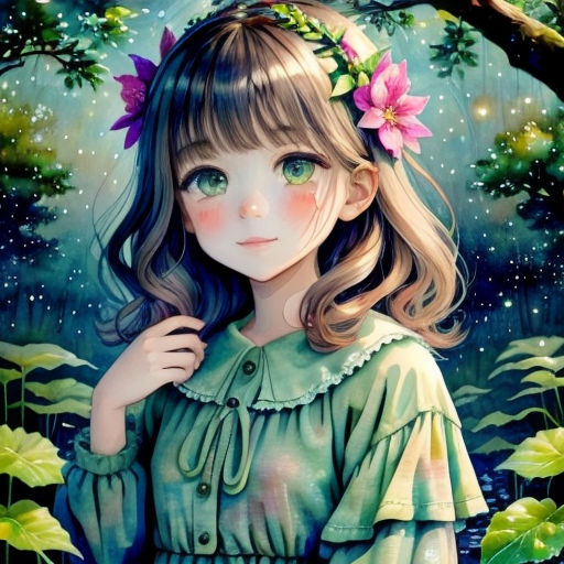 a painting of a girl with a flower in her hair and a green dress in the woods with a tree
