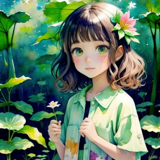 a painting of a girl holding a flower in a field of flowers and leaves with a green background and a pink flower in her hair