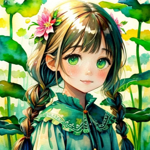 a girl with long hair and green eyes standing in front of a flowered plant with leaves on it