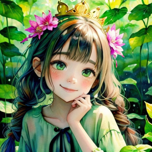 a girl with a crown on her head sitting in a field of flowers and plants with her hand on her chin