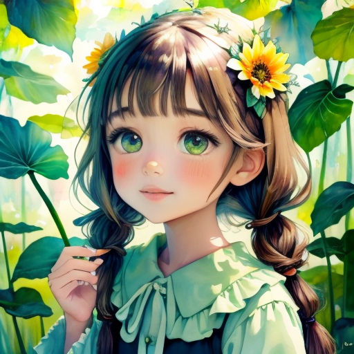 a girl with a flower in her hair and green eyes is standing in a field of sunflowers