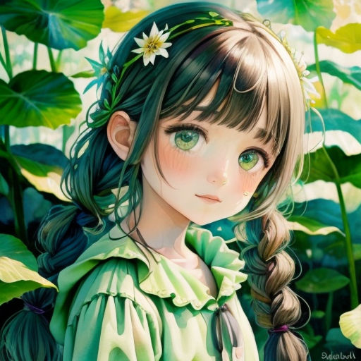 a girl with a flower in her hair and a green dress is standing in a field of leaves and flowers