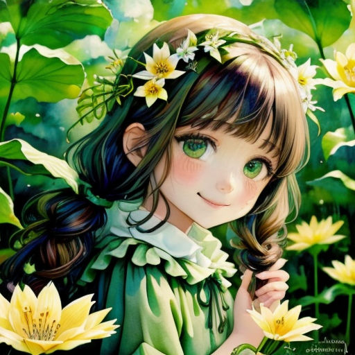 a girl with long hair and green eyes standing in a field of flowers with yellow flowers in her hair