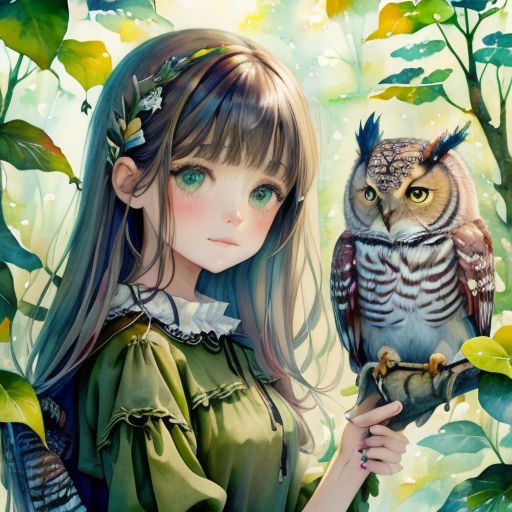a girl holding an owl in her hand in a forest with leaves and flowers on the ground, with a green dress and green hair