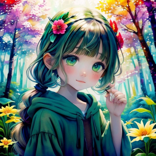 a girl in a green dress standing in a forest with flowers on her head and a green dress on her shoulders