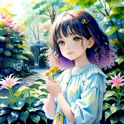 a painting of a girl holding a flower in a garden with flowers around her and a bird on her shoulder