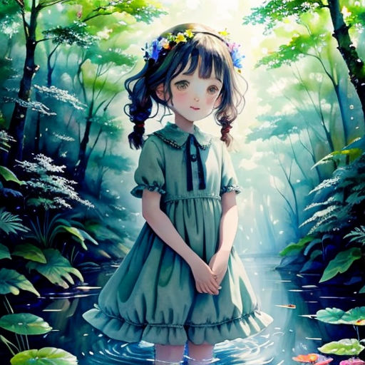 a painting of a girl in a green dress standing in a pond of water with lily pads on her head