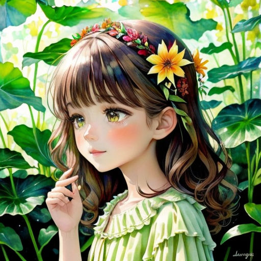 a girl with a flower in her hair and a green dress in front of a bush with yellow flowers