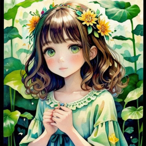 a painting of a girl with flowers in her hair and a green dress with a flower in her hair