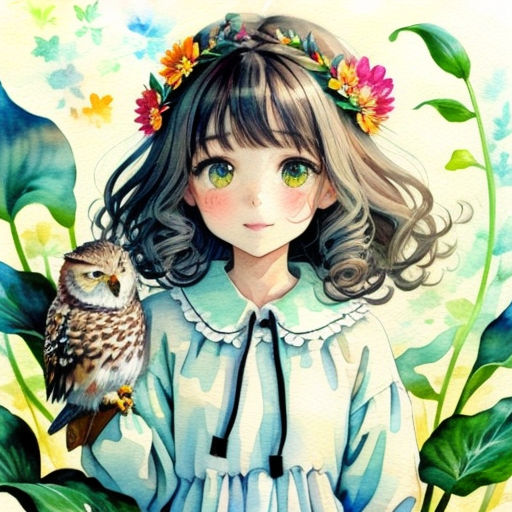 a girl with a bird on her shoulder and a flower in her hair, standing in front of a plant