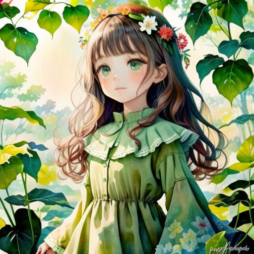 a girl in a green dress standing in a forest with flowers in her hair and a flower in her hair