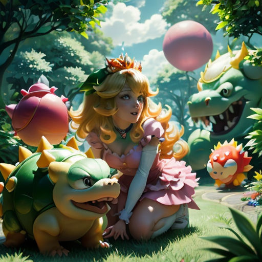 a girl sitting on the ground next to a dragon and a frog in a forest with balloons in the sky