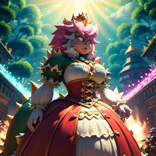 a woman in a dress with a crown on her head and a sky background with trees and buildings in the background