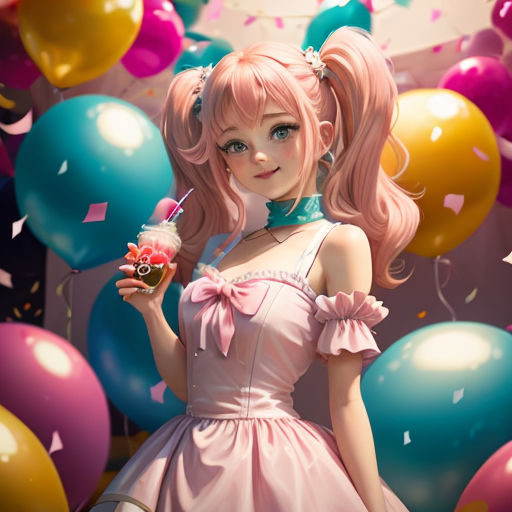 a girl in a pink dress holding a drink and a pink umbrella in front of balloons and confetti