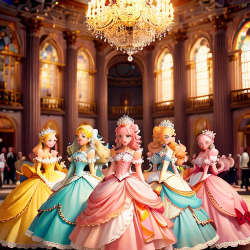 a group of princesses are standing in a hall together in dresses and tiaras, with chandeliers hanging from the ceiling