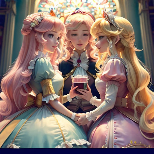 three girls dressed in princess dresses standing next to each other in front of a stained glass window with a stained glass window behind them