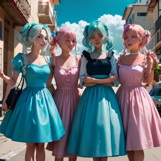 three women dressed in pastel dresses standing next to each other on a sidewalk with a sky background and clouds