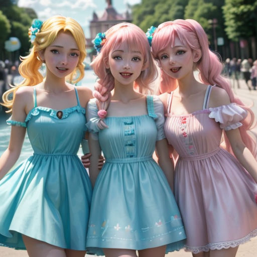 three girls in pastel dresses standing next to each other in front of a fountain in a park with a castle in the background