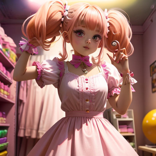 a doll is standing in a room with a pink dress and pink hair and a necklace on her head