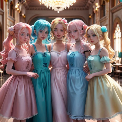 a group of women in dresses standing next to each other in a room with chandeliers on the ceiling