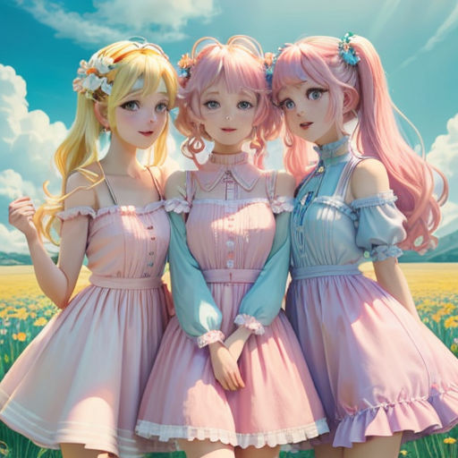three girls in dresses standing in a field of flowers with a sky background and clouds in the background, with a blue sky and white cloud