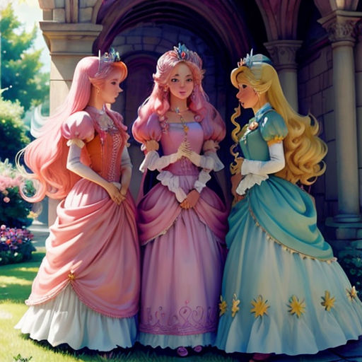 three princesses standing in front of a castle door with a castle in the background and a pink dress