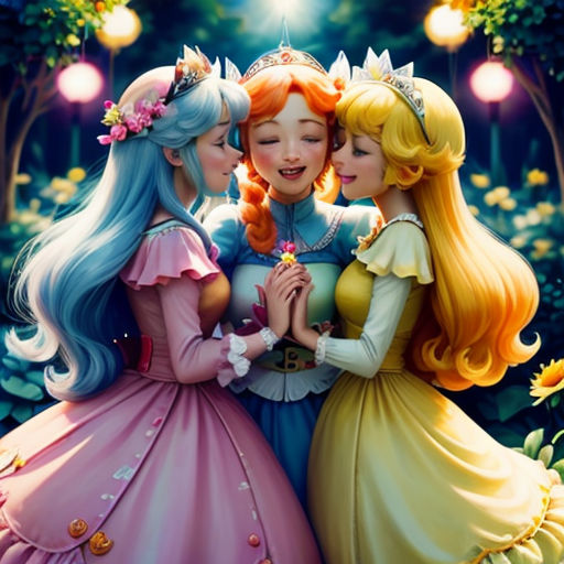 three girls are standing together in a forest with flowers and lights on the background of the painting, and one girl is holding the other