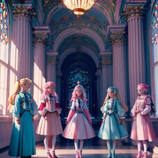 a group of girls standing in front of a window in a building with a chandelier above them
