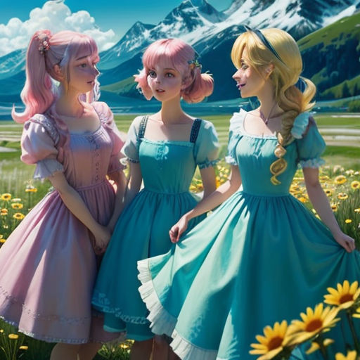 three girls in dresses standing in a field of flowers with mountains in the background and sunflowers in the foreground