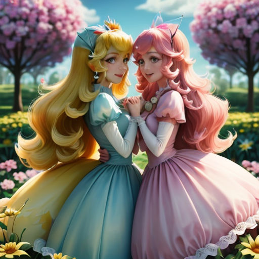 two girls in dresses standing next to each other in a field of flowers and trees with pink flowers on the ground