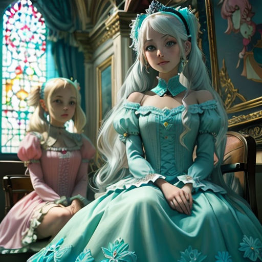 a couple of dolls sitting next to each other in a room with stained glass windows and a stained glass window