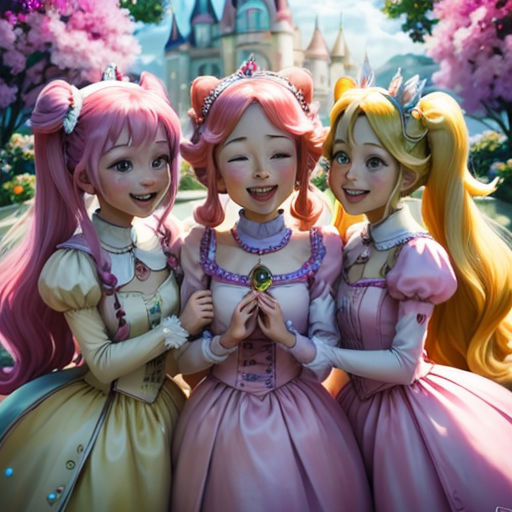 three girls in dresses standing next to each other in front of a castle with pink flowers and trees in the background