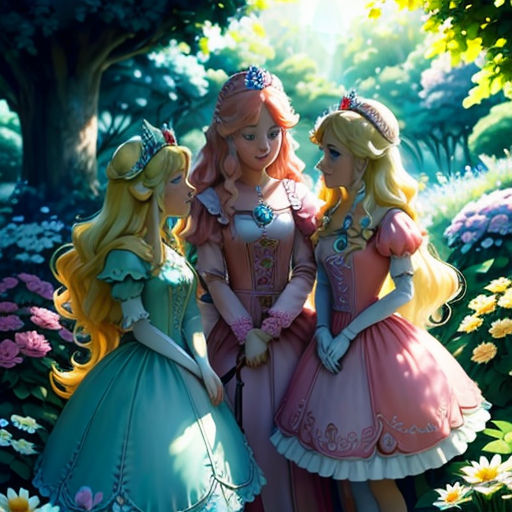 three girls in dresses standing in a field of flowers and trees with a dog in the background and a sun shining through the trees