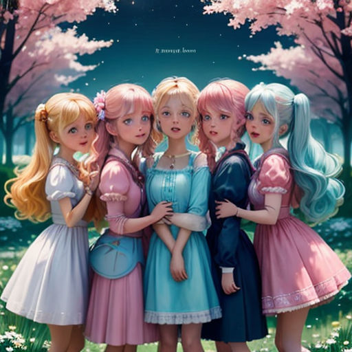 a group of girls standing next to each other in a field of flowers and trees with pink flowers on them
