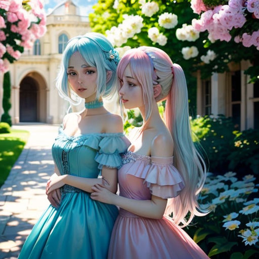 two women in dresses standing next to each other in front of flowers and trees with pink flowers on the trees