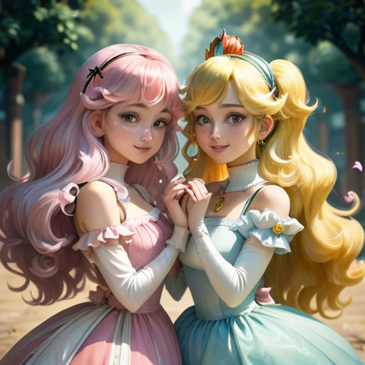 two anime girls are standing next to each other in a park, one is holding her hand on her shoulder