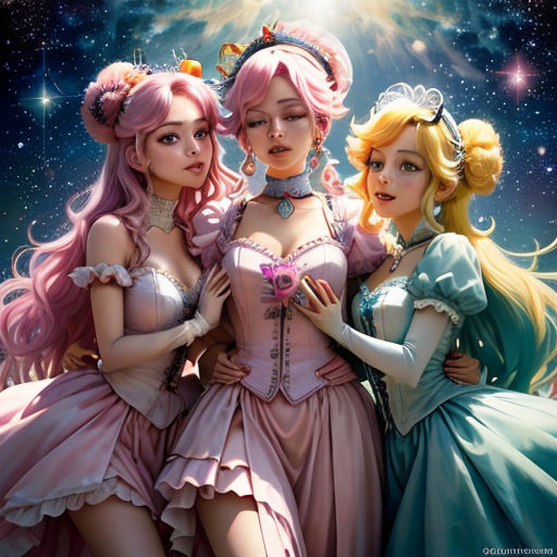 three women dressed in dresses standing next to each other in front of a sky full of stars and a star