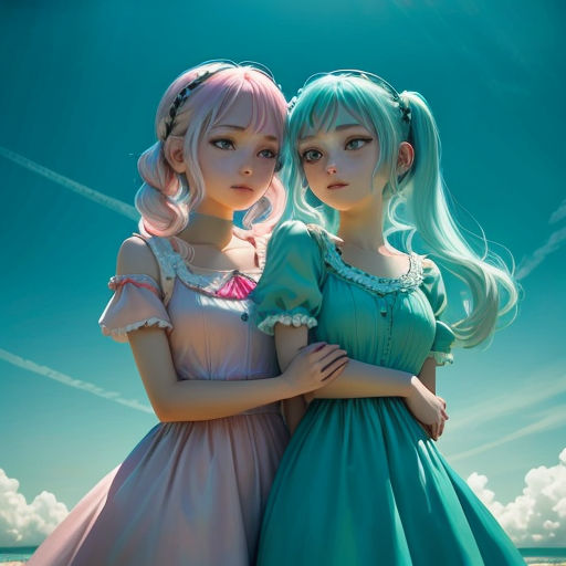 two girls standing next to each other in a field of grass and clouds, with the sky in the background