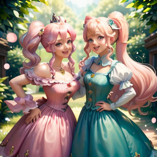two women dressed in dresses standing next to each other in a forest with trees and flowers in the background
