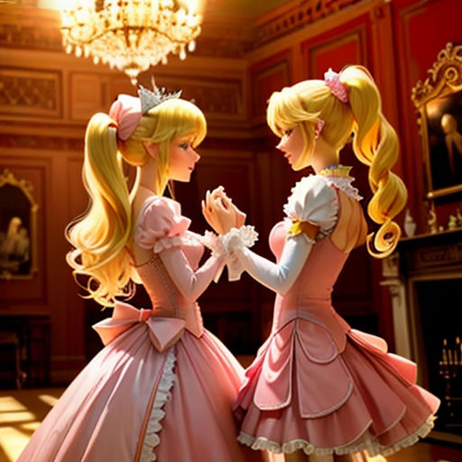 two girls dressed in pink dresses standing next to each other in a room with a chandelier and a chandelier